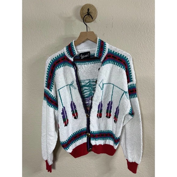 Vintage Felizzi Cardigan Sweater Size M Hand Loomed Southwest Aztec Buttons - Picture 14 of 16